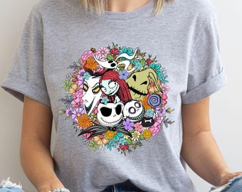 Camiseta de Halloween de Pesadilla antes de Navidad: Camiseta floral de Jack y Sally