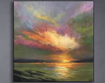 Schilderij zonsondergang oceaan – Kleurrijke muurkunst zeegezicht