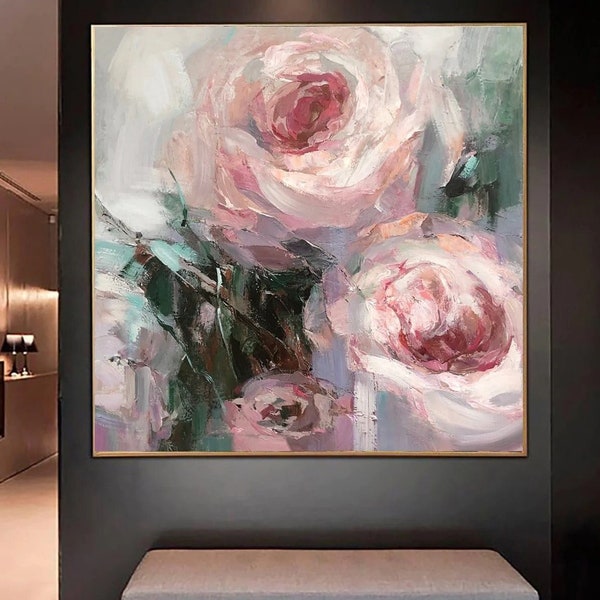 23.6x23.6" Abstract Flowers Paintings on Canvas Original Flower Art Abstract Pastel Colors Oil Painting Textured Art