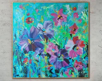 46x46" Abstract Flowers Acrylic Painting on Canvas Original Colorful Bouquet Artwork Modern Wall Art Decor for Bedroom