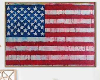 31.49x43.30" Large USA Flag Painting United States Flag Artwork on Canvas Original Textured Paintings On Canvas Handmade Map Room Decor