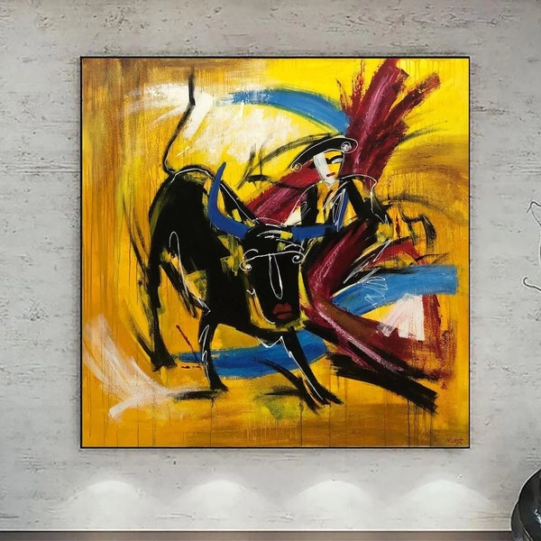 72x72" Abstract Wall Art Bullfight Painting Corrida Wall Art Yellow Paintings On Canvas Modern Wall Art Living Room Framed Art