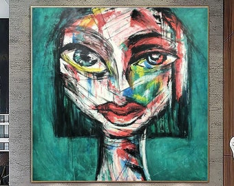 15.7x15.7" Extra Large Abstract Cubist Paintings On Canvas Original Pop Art Modern Face Painting Woman Face Painting