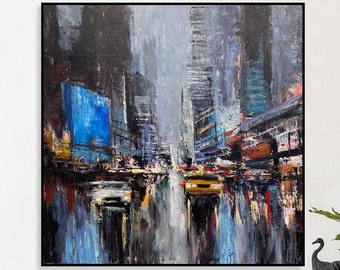 Urban Abstract Cityscape Paintings On Canvas Original Textured Cityscape Painting Nighttime City Lights Impressionist Art Wall Decor 40"x40"