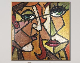 Pintura figurativa abstracta sobre lienzo Estilo Picasso Arte mural Pintura cubismo Pintura al óleo original Arte de textura pesada para decoración estética