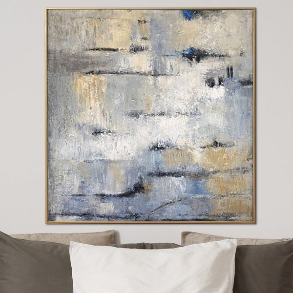 Abstract Wall Art Canvas Original Oil Painting Modern Grey Artwork Neutral Painting Blue Wall Art Heavy Textured Art for Indie Room Decor