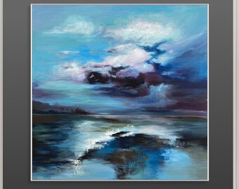 Original Abstract Blue Seascape Paintings On Canvas Stormy Sky Oil Artwork Contemporary Coastal Painting Realism Style Art Wall Decor 40x40&quot;