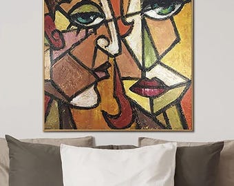 Abstract Figurative Painting on Canvas Picasso Style Wall Art Cubism Painting Original Oil Artwork Heavy Textured Art for Aesthetic Decor