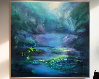 Original Abstract Lake Paintings On Canvas Contemporary Night Nature Artwork Unique OIl Painting Modern Wall Art for Indie Room 43.3"x43.3"