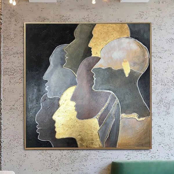 27.55x27.55" Menschen Ölgemälde Blattgold Malerei Abstrakte Gesichter Malerei Original Moderne Malerei Menschen Einzigartige Wandbilder Auf Leinwand