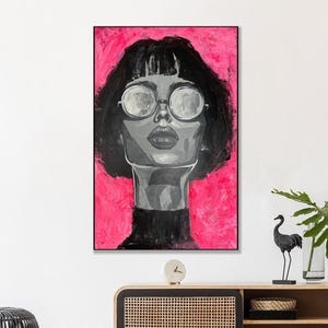 Original Pink Pop Art Girl Portrait Painting: Modern Abstract Canvas 54&quot;x36&quot;