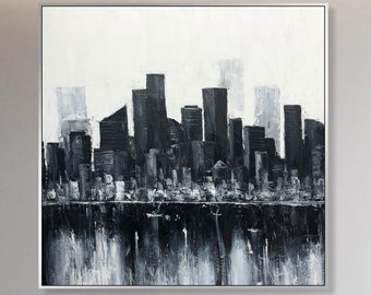Wall Art Large Abstract Canvas Black And White City Art Custom Painting Minimalist Abstract Painting Cityscape Modern Art Canvas