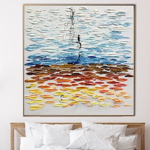 Sunset Over Lake Oil Pastel Painting Original Art Boat Painting Colorful  Landscape Lake House Decor Wall Art 