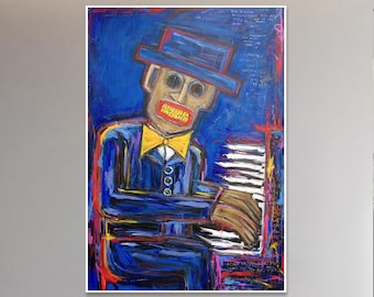 Figurative Art Abstract Paintings On Canvas Palying On The Piano Men Blue Wall Art Painting Modern Wall Art Framed Unique Painting 60x40"