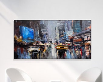 Vibrant Urban Cityscape Night Scene Paintings On Canvas Dynamic Colors Art Textured Oil Painting City Streets Artwork Original Wall Decor