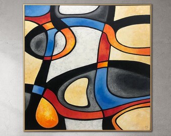 Abstract Colorful Painting on Canvas Black Lines Wall Art Geometric Painting Original Oil Artwork Contemporary Wall Art for Indie Room Decor