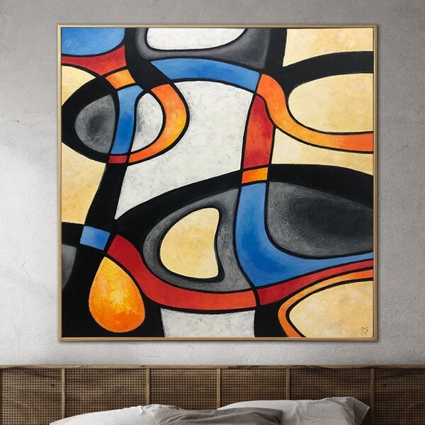 Abstract Colorful Painting on Canvas Black Lines Wall Art Geometric Painting Original Oil Artwork Contemporary Wall Art for Indie Room Decor