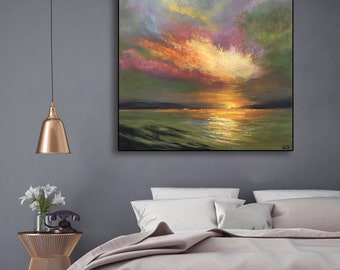 Groot abstract kleurrijk zonsondergang acrylschilderij oceaan reflectie origineel zeegezicht modern landschap muurkunst voor woonkamer decor