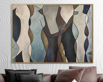 27.55x39.37" Original Human Shapes Painting Brown Wall Art Abstract Art Modern Silhouette Contemporary Art Painting Fireplace Decor