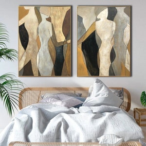 2P 46x68 Large Figurative Painting Canvas Gold Leaf Artwork Diptych Wall Art Abstract Shapes Painting Human Silhouette Art for Home Decor image 1