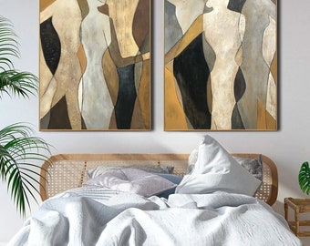 2P 46x68" Large Figurative Painting Canvas Gold Leaf Artwork Diptych Wall Art Abstract Shapes Painting Human Silhouette Art for Home Decor