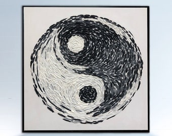 Yin Yang pintura lienzo abstracto arte Feng Shui pintura blanco y negro arte de la pared Impasto arte original Impasto arte meditación arte de la pared