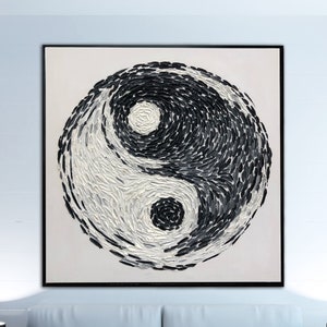Yin Yang Painting Abstract Canvas Art Feng Shui Painting Black and White Wall Art Impasto Artwork Original Impasto Art Meditation Wall Art image 1