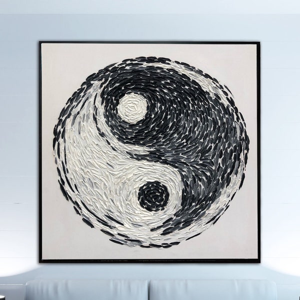 Yin Yang Malerei Abstrakte Leinwand Kunst Feng Shui Malerei Schwarz und Weiß Wand Kunst Impasto Kunstwerk Impasto Kunst Meditation Wandkunst