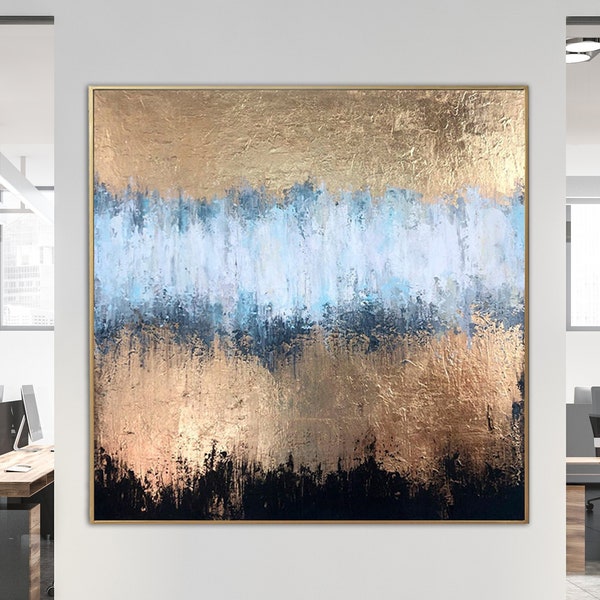 Large Abstract Wall Art Canvas Modern Gold Leaf Wall Art Light Blue Painting Original Oil Artwork Luxury Wall Art for Staircase Decor