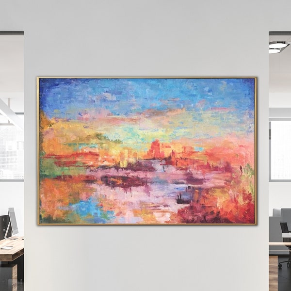 Groot abstract landschapsschilderij op canvas moderne kleurrijke muurkunst levendig schilderij handgeschilderde kunst oranje kunstwerk voor Lake House Decor