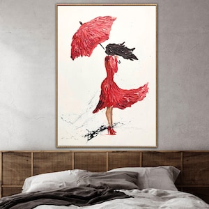 Woman with Umbrella Painting – Red Dress Textured Abstract Wall Art