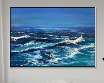 Oversize Canvas Art Ocean Painting Canvas Blue Wall Art Painting Unique Painting Original Artwork Frame Painting Creative Painting