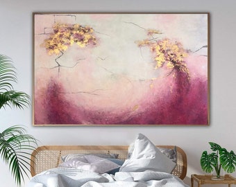 48x75" Abstract Mountains Painting Canvas Pink Wall Art Gold Leaf Artwork Custom Painting Neutral Art Modern Style Art