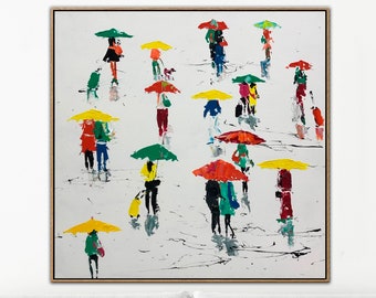 People with Umbrellas Art Original Oil Painting Canvas Hand Painted Art Abstract Umbrellas Oil Painting Rainy Day Painting Textured Wall Art
