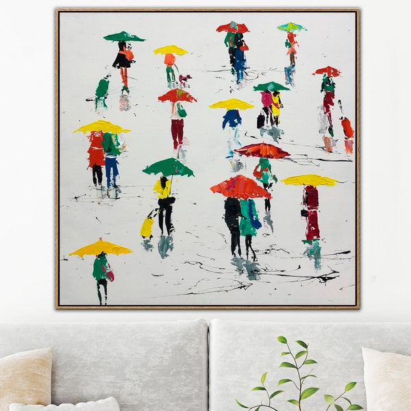 People with Umbrellas Art Original Oil Painting Canvas Hand Painted Art Abstract Umbrellas Oil Painting Rainy Day Painting Textured Wall Art