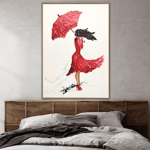 Red Dress Woman with Umbrella Painting Textured Wall Art