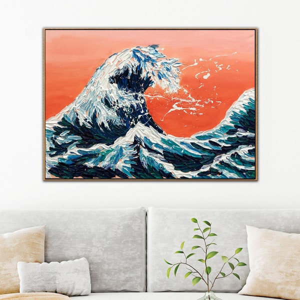 Large Abstract Ocean Wave Painting on Canvas Original Impasto Wall Art Thick Textured Artwork Vivid Painting for Beach House Decor