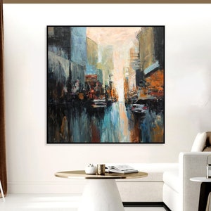 Urban Abstract Cityscape Painting, Modern Skyline Wall Art
