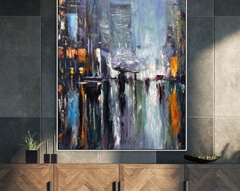 Rainy City Street Canvas – Moody Urban Abstract Wall Art