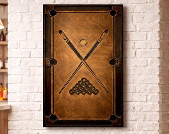 Large Billiards Wall Art Pool Table Decor Man Cave Game Room Wood Panel Gift for Him 11"x18.9"