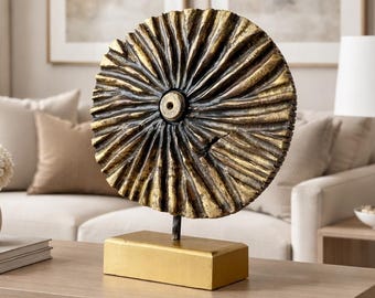 Gold Black Abstract Sculpture Industrial Disc Art Object Modern Home Office Decor 16.14″×14.17″