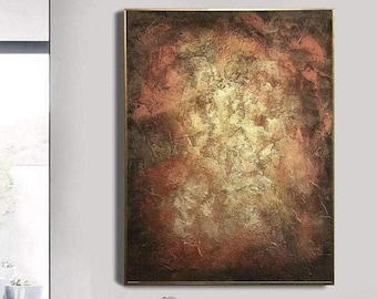 Abstract Expressionist Gold Paintings On Canvas Textured Bronze Brown Art Original Brown Wall Art for Indie Room Decor 35x27"