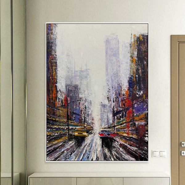 Large Abstract Cityscape Paintings On Canvas Impressionist Dynamic Art Depicting Speeding Oil Painting City Modern Textured Wall Decor