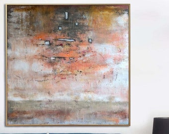 60x60" Extra Large Abstract Orange Acrylic Paintings On Canvas Modern Minimalist Art Original Textured Art