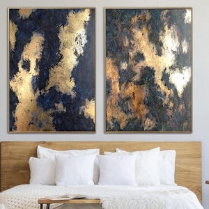 Abstract Diptych Gold and Navy Blue Large Set Of 2 Modern Canvas Home Decor Textured Wall Art Living Room Decor Wall Art Framed