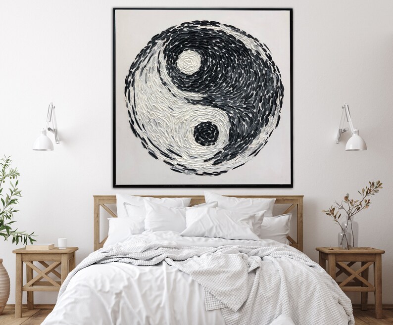 Yin Yang Painting Abstract Canvas Art Feng Shui Painting Black and White Wall Art Impasto Artwork Original Impasto Art Meditation Wall Art image 2