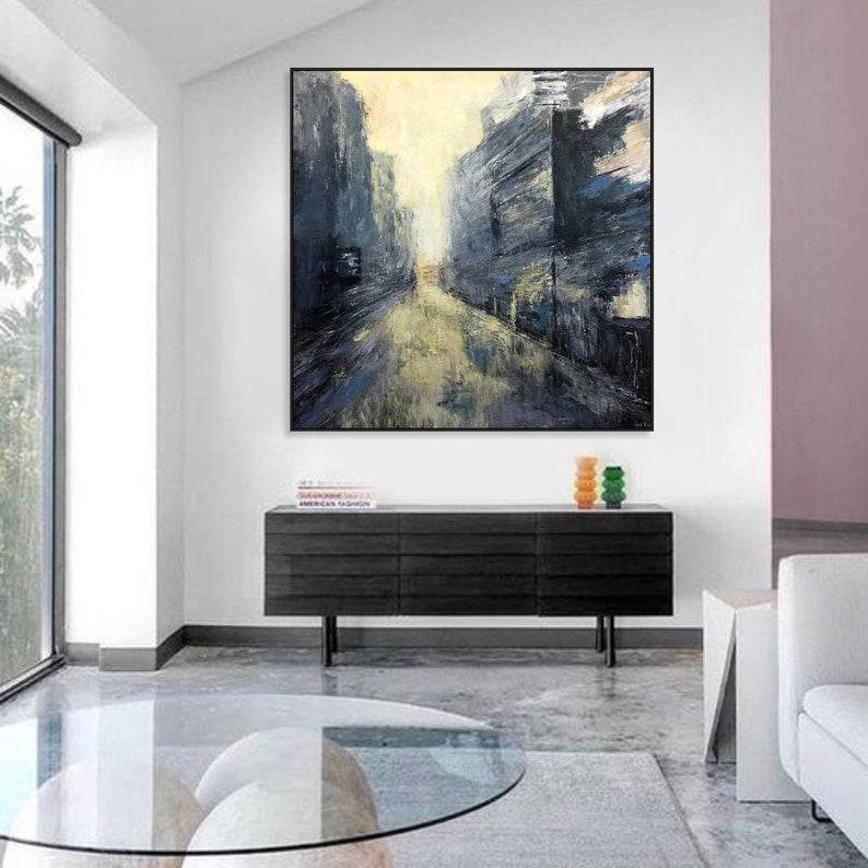 Abstract City Painting on Canvas Modern Cityscape Wall Art Original Oil Painting Contemporary Wall Art Heavy Textured Art for Home Decor + Black Frame