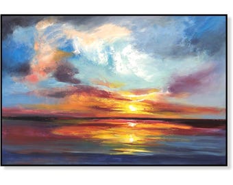 Groot acryl abstract schilderij zeegezicht canvas prachtige kleurrijke zonsondergang landschapsschilderkunst blauwe oceaan reflectie muurkunst voor woonkamer
