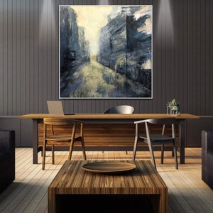 Abstract City Painting on Canvas Modern Cityscape Wall Art Original Oil Painting Contemporary Wall Art Heavy Textured Art for Home Decor + Silver Frame