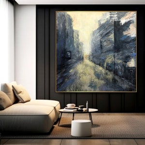 Abstract City Painting on Canvas Modern Cityscape Wall Art Original Oil Painting Contemporary Wall Art Heavy Textured Art for Home Decor + Gold Frame